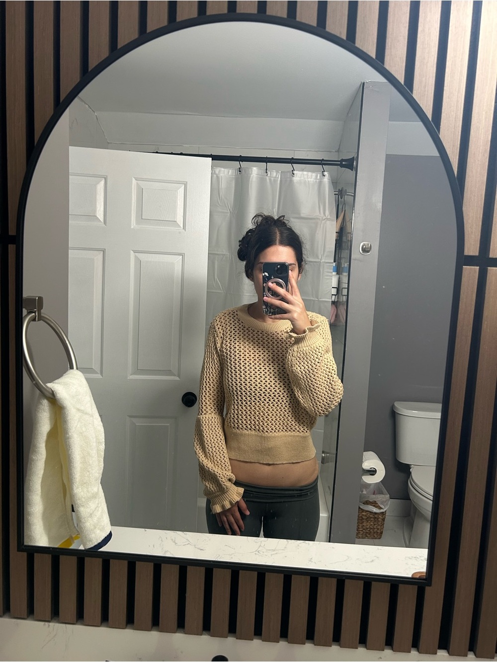 Rebecca Minkoff Beige Open-Weave Cropped Crewneck Sweater